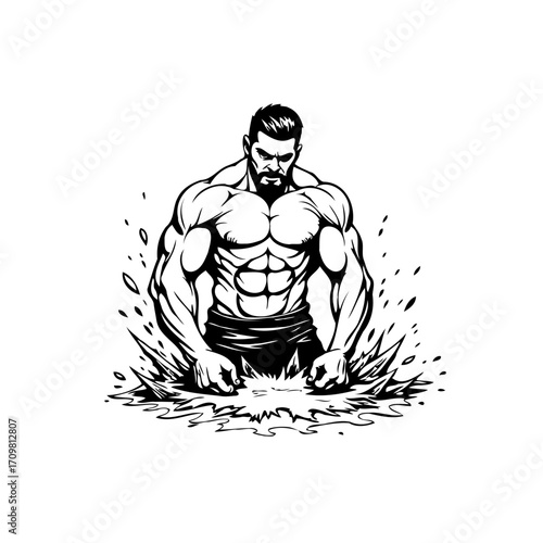 Powerful physique illustration depicting a strong man with muscular body and intense expression