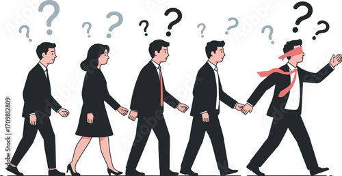 Line of people walking with question marks and a blindfolded man