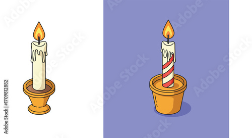 Stylized isometric illustrations of lit candles in decorative holders presented