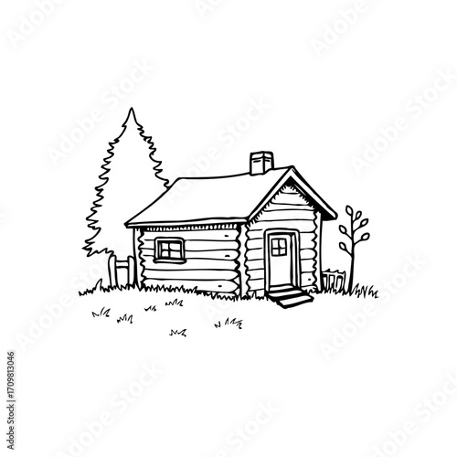 Quaint countryside retreat: A solitary cabin nestled amongst trees in an idyllic setting, sketched
