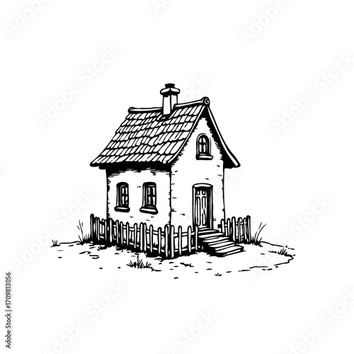 Quaint dwelling nestled in hand drawn charm a simple home with rustic picket fence conveying