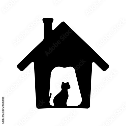 A minimalist black and white logo depicting a house with a cat inside