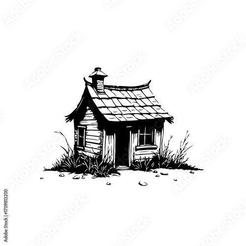 Quaint shack in black and white sketch displaying peaceful rural simplicity and architectural