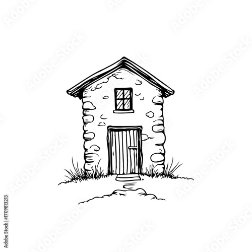 Quaint rustic stone structure detailed sketch a charming vintage cottage illustration amidst