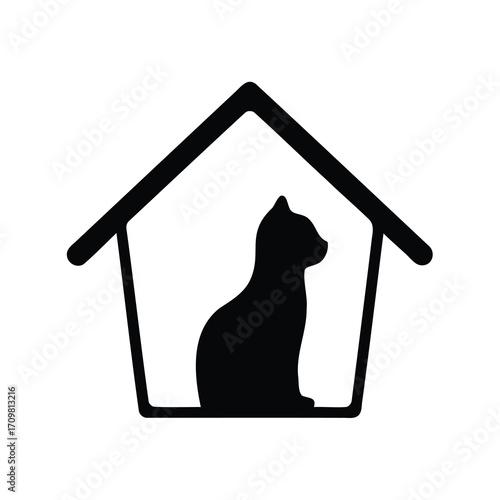 A stylized image of a cat silhouette within a house outline design
