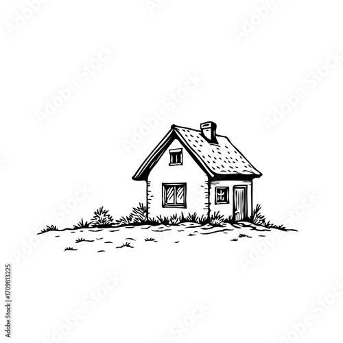 Quaint single story dwelling on a small grassy hill presented in an artistic hand drawn manner
