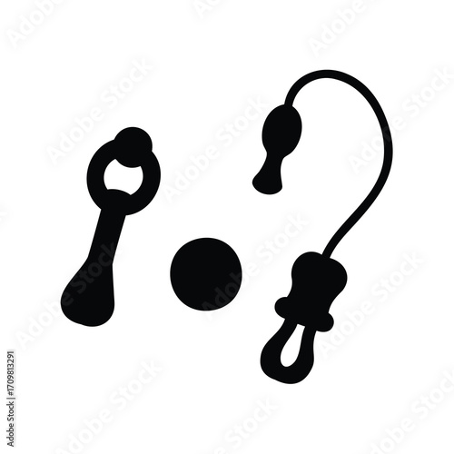 Simple line drawing shows tetherball, ball, and an old bottle opener