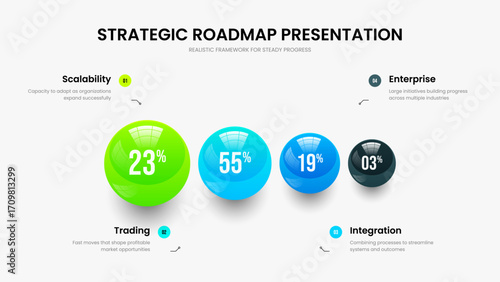 Marketing Solution Four Element Graph Slideshow Design. Minimalist Visualization 4 Step Diagram Slide Layout. Company Review Frame Template Vector Illustration.
