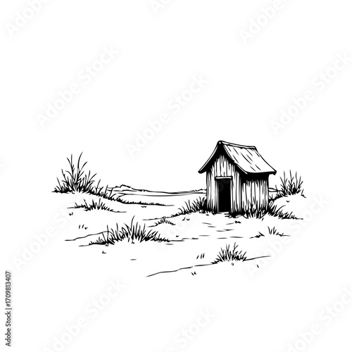 Rural landscape sketch: a humble wooden structure in a serene grassy field illustration drawing