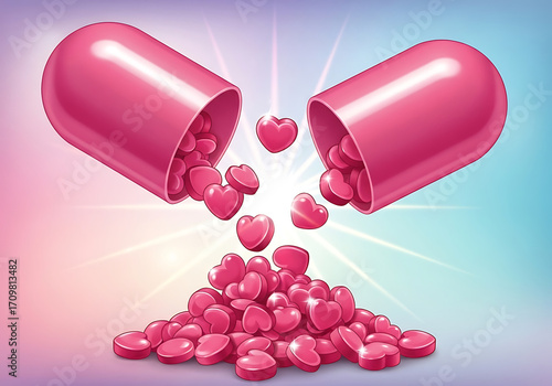 Pink heart shaped pills spilling from an open capsule symbolizing love health and well being in a vibrant glowing background