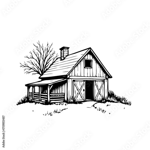 Rustic barn illustration evokes tranquil country living drawing black and white peaceful farmstead