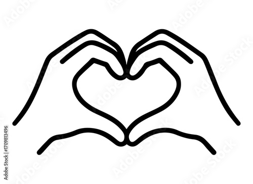 Hands forming a heart shape symbol of love in a minimalist line drawing style black and white icon