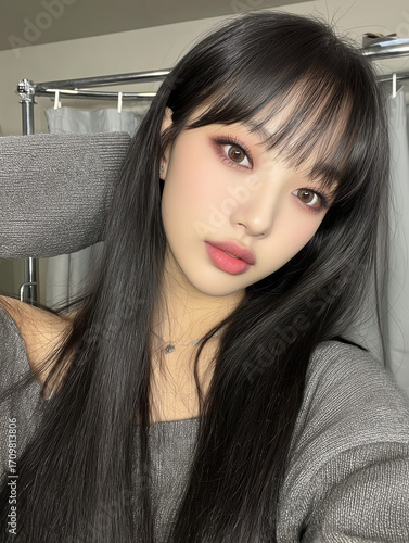 Young Korean woman with long hair poses for a close-up shot in a softly lit room