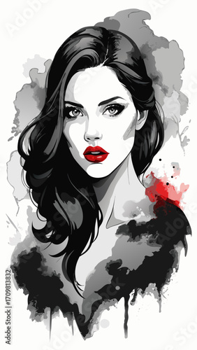 woman with smoldering gaze and scarlet lips