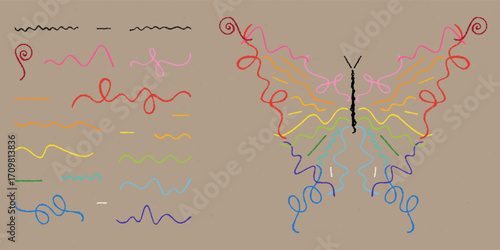 Children's Chalk Drawn Sketch. Set of Design Elements Multicolored Butterfly from Scribbles Isolated on Craft Paper.