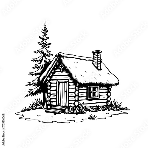 Rustic retreat hand sketched cabin illustration rural simplicity log dwelling amidst serene