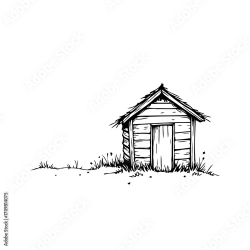 Rustic simplicity, hand drawn minimalist illustration of a rural shack with a quaint and weathered