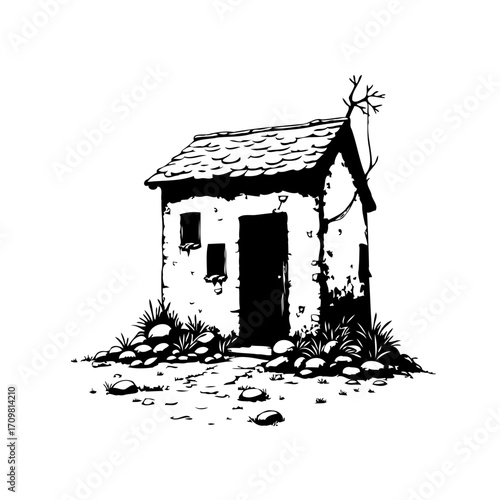 Rustic stone structure evocative ink drawing stands alone against a blank canvas of architectural