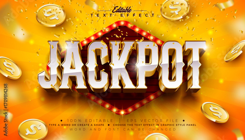 Jackpot 3D Text Effect Design Editable Vector Graphic Style with Shadow and Gold Framed Scalable Retro Typography Lettering, Light Bulb Billboard, Casino Coin and Falling Confetti on Yellow Background