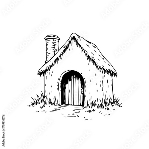 Rustic thatch roof cottage sketch, evoking countryside charm and simple architectural design and