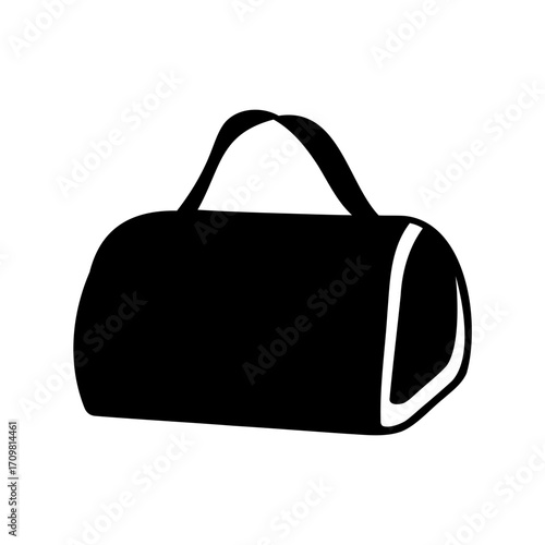 Black and white illustration of a classic duffel bag with handles