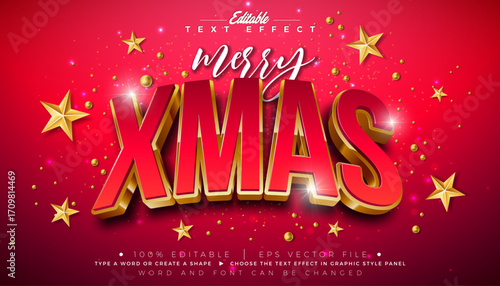 Merry Christmas Editable Text Effect Design Vector Graphic Style with Red and Gold 3D Xmas Typography Lettering and Ornaments on Red Background. Winter Holiday Scalable Illustration Template for Greet