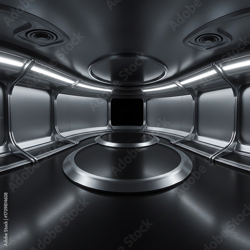 Futuristic Metal Room; Circular Platform; Dark Interior; Sci-Fi Setting