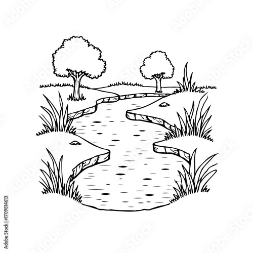 Serene black and white illustration of winding stream with trees offers a peaceful coloring page
