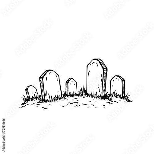 Serene cemetery scenery showcasing tombstones in a grassy field rendered in black and white vector