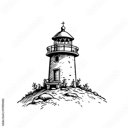 Serene coastal beacon standing tall on rocky outcrop guiding ships on boundless sea exploration