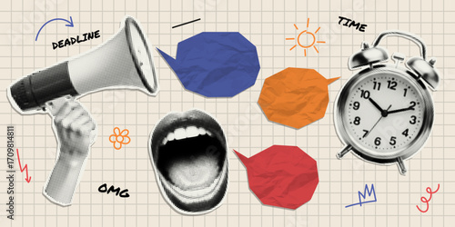 Vector template cut out alarm clock, screaming mouth, loudspeaker with paper bubble speech and doodle. Trendy retro element with a halftone effect for collage, poster, banner, cover design.