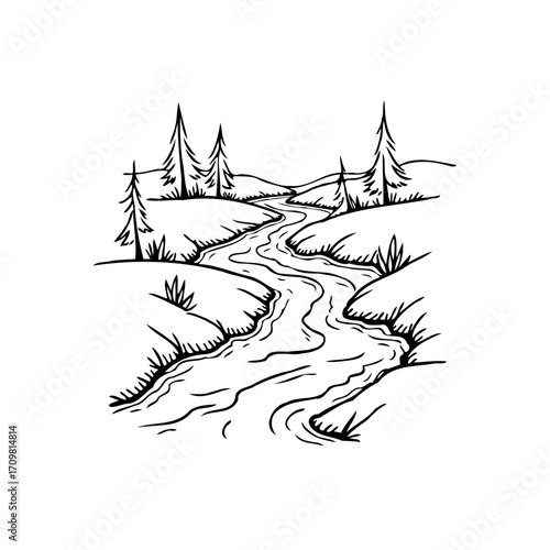 Serene landscape drawing featuring a meandering river flowing between hills, framed by tall