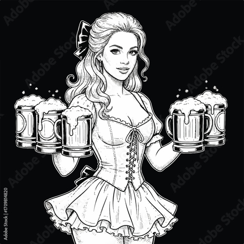 Black and white line art illustration of a smiling woman in a traditional dirndl holding several frothy beer steins, ready for a festival.