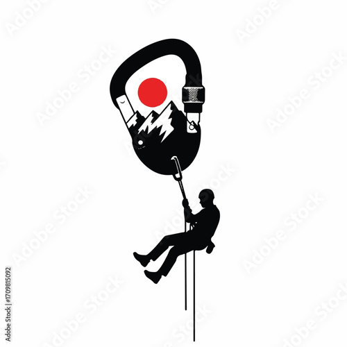 A silhouette of a climber rappelling from a large carabiner that frames a mountain range and a red sun.
