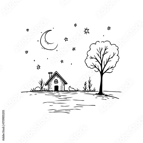 Serene nocturnal illustration of a quaint cottage under a crescent moon and starlit sky with lone