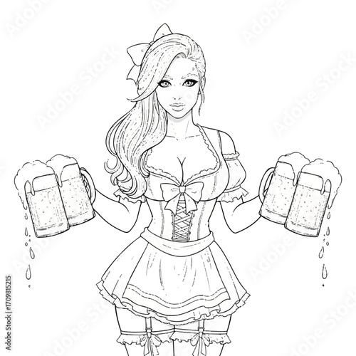 Attractive woman in dirndl serving beer.