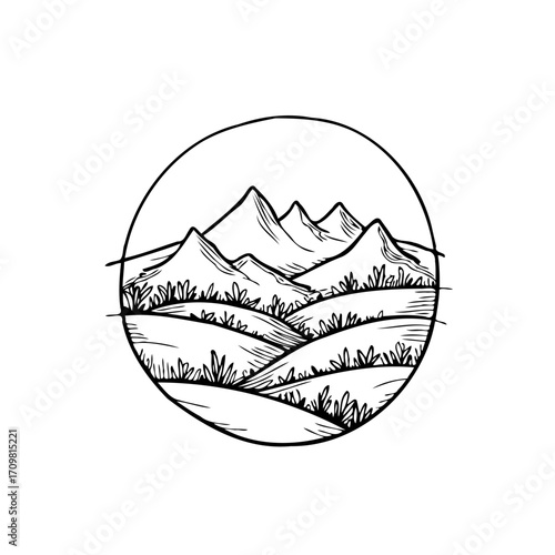 Serene mountainscape illustration with rolling hills and verdant fields within a circular frame