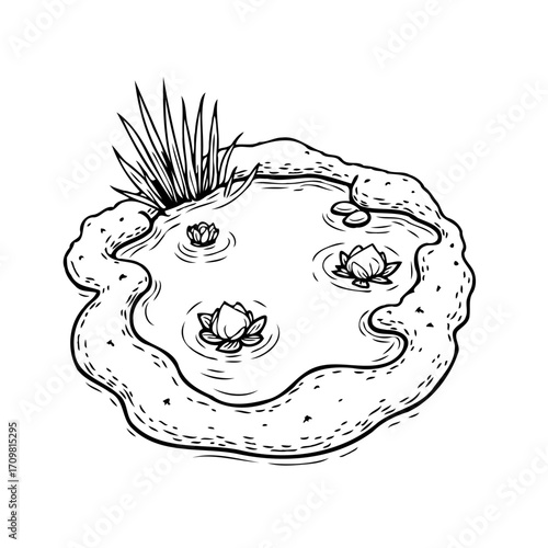 Serene pond sketch showcasing floating water lilies and tranquil aquatic plant life reflecting