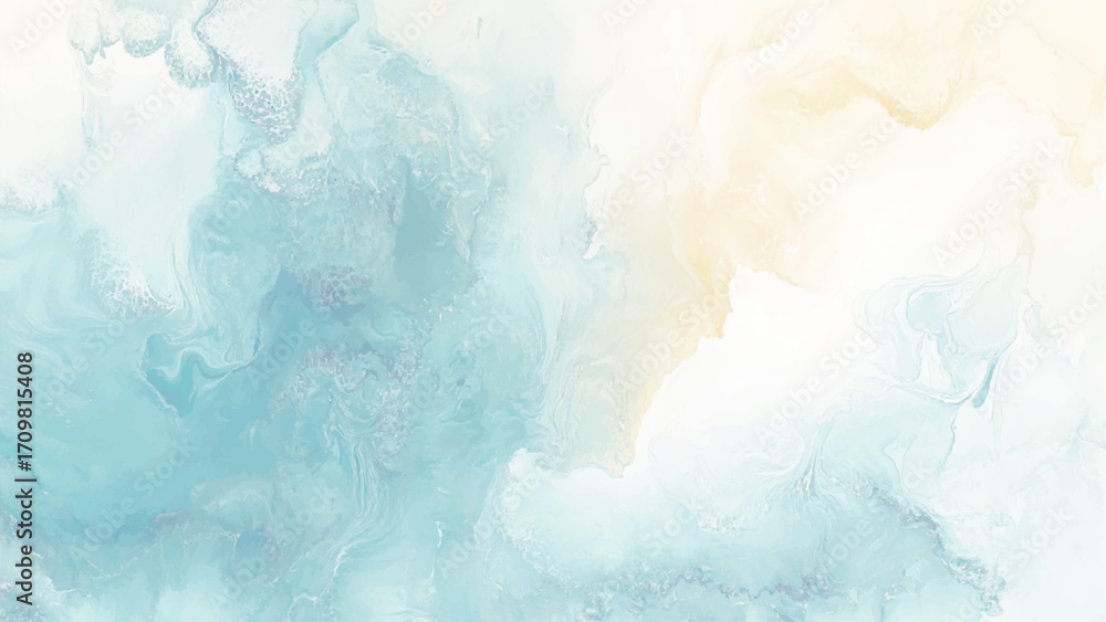 Textured on wet white paper watercolor, Light sky blue brush painted watercolor background. Blue SKY with light of sunshine having small and large clouds