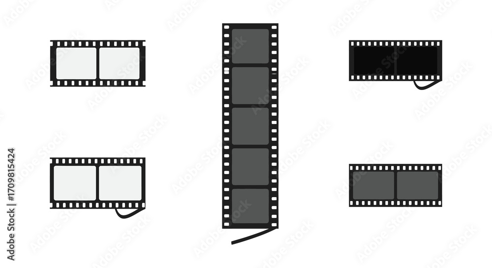 Fototapeta premium Various film strips and frames arranged on a white background