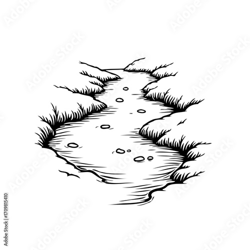 Serene river flows gently between grassy banks creating a peaceful and natural illustration