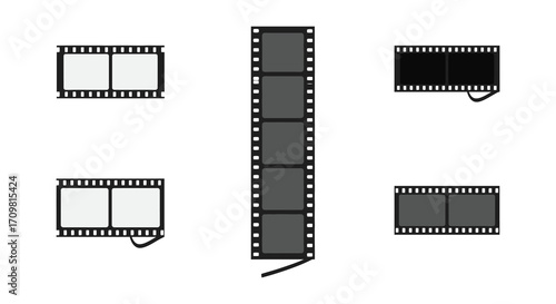 Various film strips and frames arranged on a white background