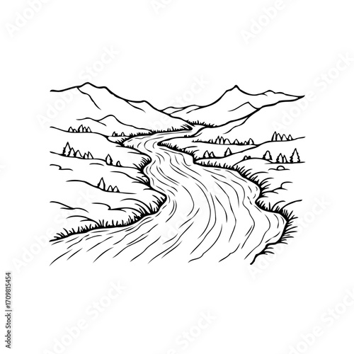 Serene river meandering through mountainous terrain artwork depicting tranquility nature in