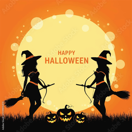 Two silhouette witches with brooms and bows stand in front of a large full moon with pumpkins and grass below, celebrating Happy Halloween.