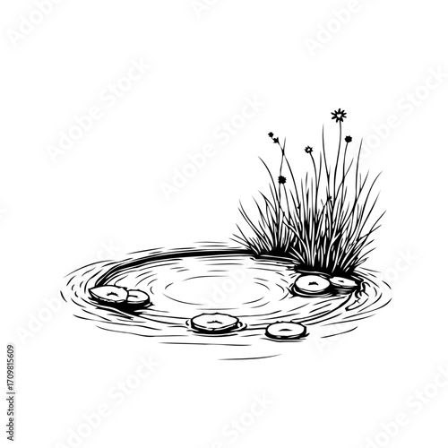 Serene water sketch depicts a tranquil pond adorned with floating lily pads surrounded by tall
