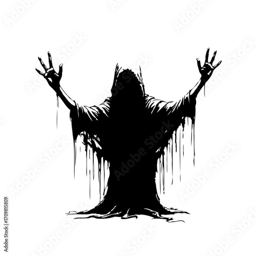 Silhouette of a dark cloaked figure with reaching hands in a stylized sinister expression for
