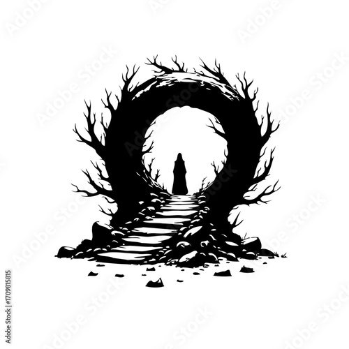 Silhouette figure stands before eerie archway of intertwined branches leading to distant light a