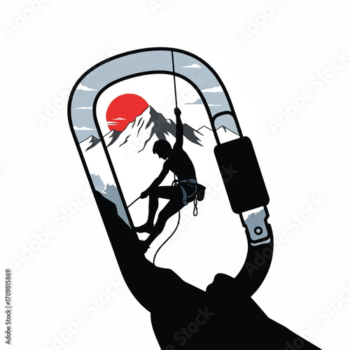 Silhouette of a rock climber rappelling down a mountain inside a carabiner with a sunset.