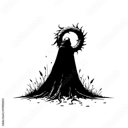 Silhouette of hooded figure holding enigmatic wreath casting a long shadow and creating mysterious