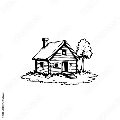 Simple charming country cottage drawing evoking feelings of rustic tranquility and peaceful